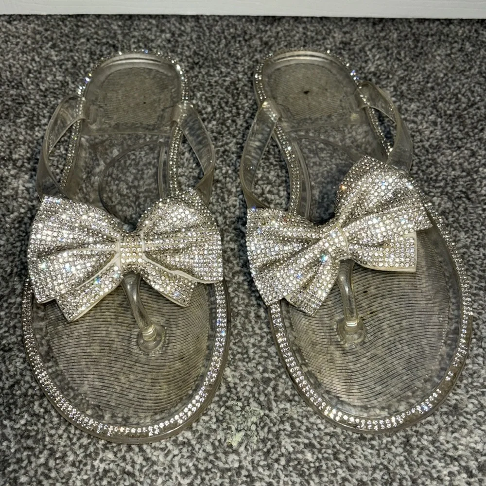 Clear jewel rimmed gel thong slippers with jeweled bows women’s size 8 - Picture 5 of 9